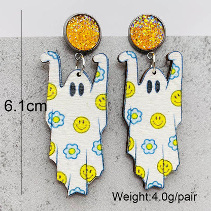 Halloween Women Fashion Retro Ghost Pulley Wooden Earrings