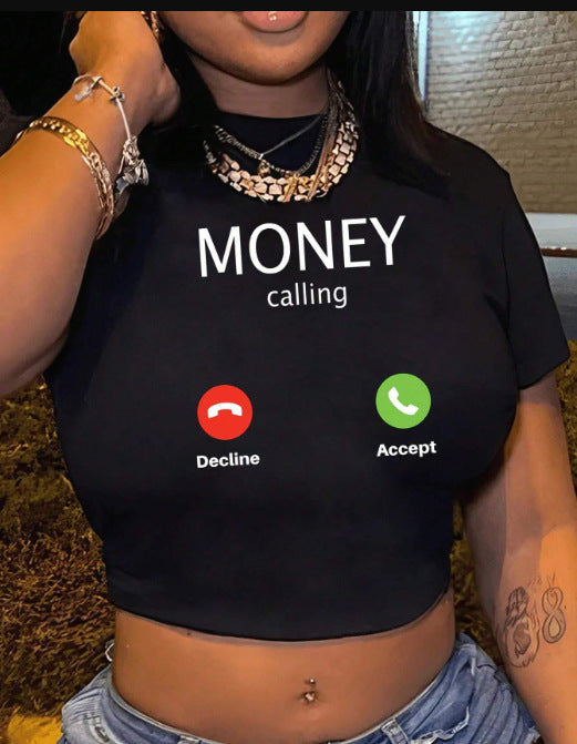 Women Fashion Sexy Printed Short Sleeve Crop Top in Black and White