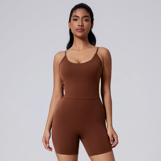 Women Solid Color Sleeveless Yoga Romper Nylon Slim-Fit Sports Jumpsuit