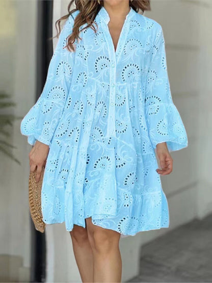 Vestido informal de encaje con escote en V y manga larga para mujer