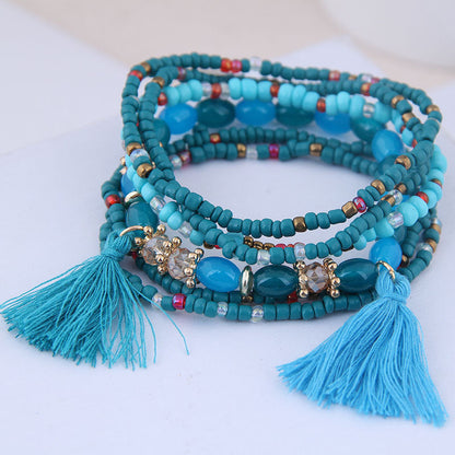 Conjunto de pulseras con borlas y mini cuentas multicolores bohemias
