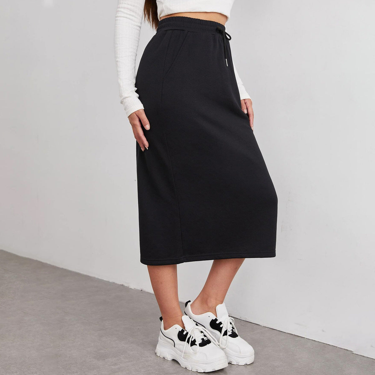 Women Casual Solid Color Polyester Midi Skirt