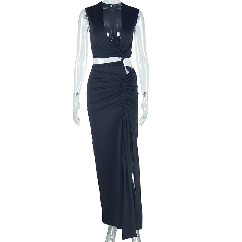 Women Fashion Solid Color V-Neck Maxi Dress
