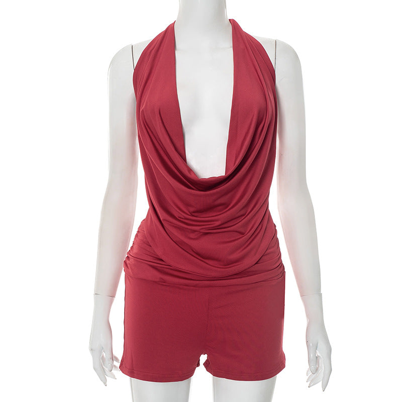 Women Fashion Halter Neck Backless Tank Top and Tight Shorts Two-Piece Set