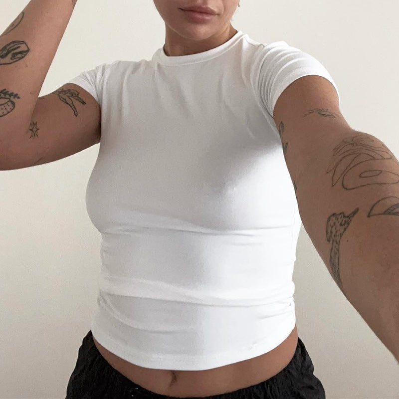 Summer Women Casual Solid Color Round Neck Short Sleeve Blank T-Shirt