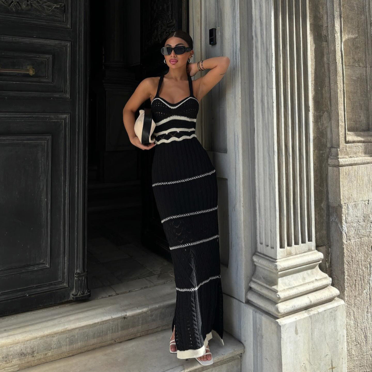 Vestido largo ajustado de punto con tirantes y estilo bohemio para mujer