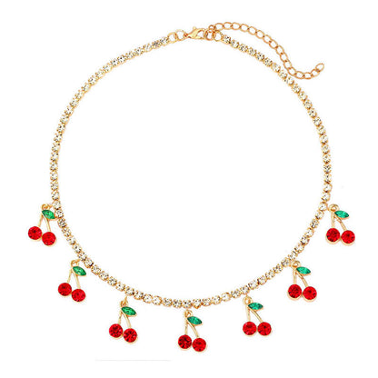Collar de cadena con diamantes de imitación y cerezas pequeñas rojas a la moda para mujer