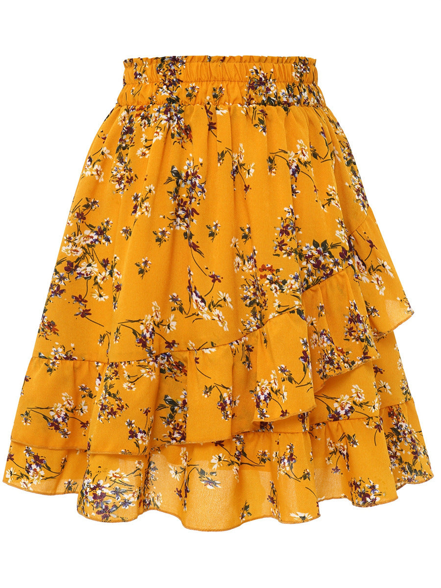 Falda elegante con volantes y estampado floral irregular a la moda para mujer