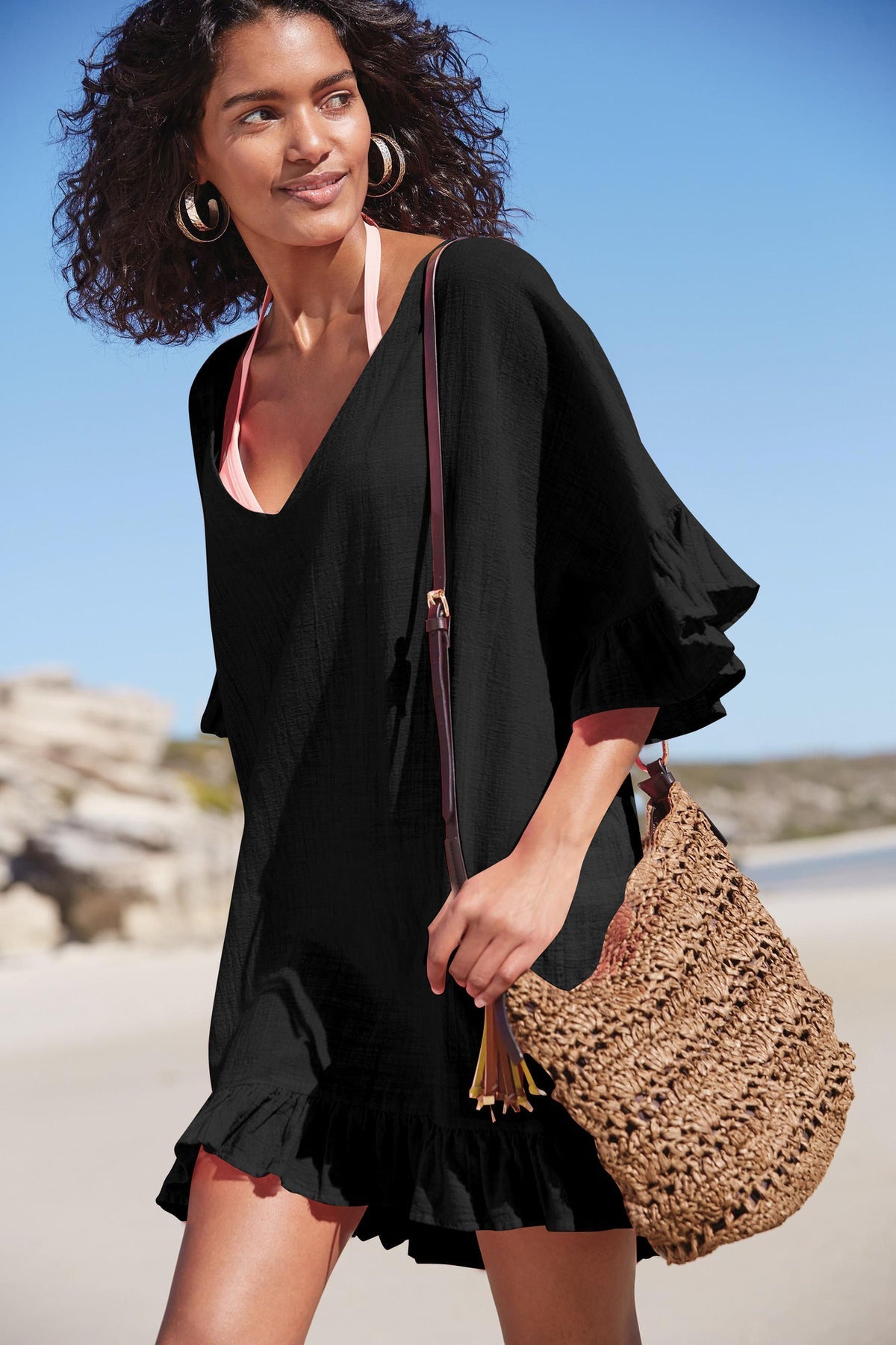 Vestido playero informal de color liso con cuello en V y volantes para mujer
