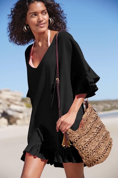 Vestido playero informal de color liso con cuello en V y volantes para mujer