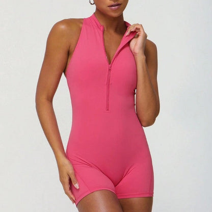 Combinaison moulante à fermeture éclair de couleur unie pour femme