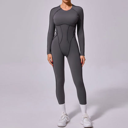 Women Fashion Solid Color Long-Sleeve Backless Jumpsuit