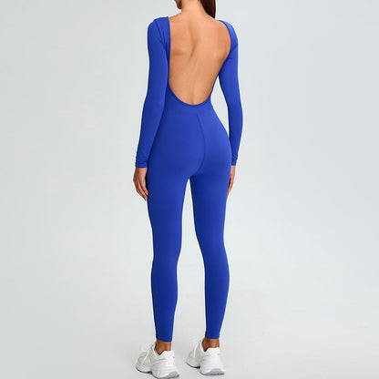 Women Fashion Solid Color Long-Sleeved Yoga Jumpsuits
