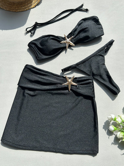 Traje de baño de tres piezas con hebilla de estrella de mar de color sólido sexy para mujer
