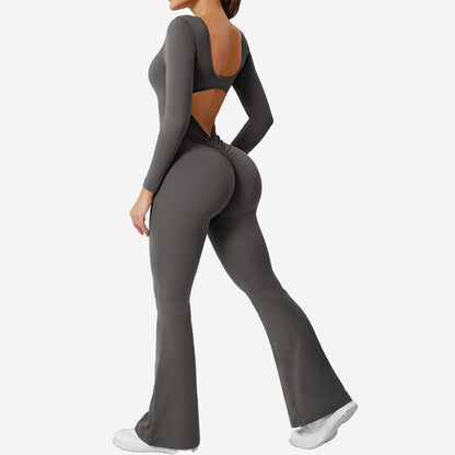 Women Fashion Casual Solid Color Square Neck Long-Sleeve Backless Jumpsuits