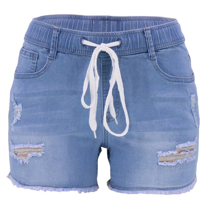 Pantalones cortos vaqueros con cordón y cintura alta informales a la moda para mujer
