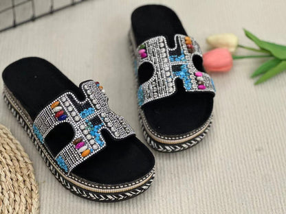 Pantuflas informales tejidas con diamantes de imitación a la moda para mujer