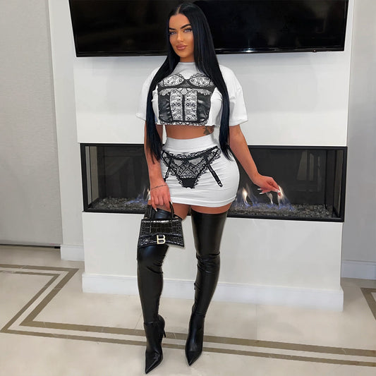 Women Fashion Sexy Printed Round Neck Crop Top Set
