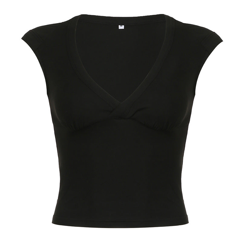Women Simple Solid Color V-Neck Slim-Fit Blank T-Shirt