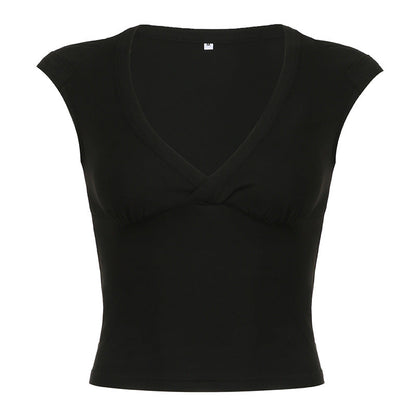 Women Simple Solid Color V-Neck Slim-Fit Blank T-Shirt