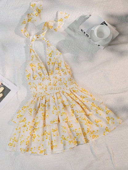 Women Fashion Floral Print V-Neck Mini Dress