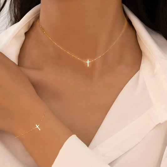 Women Simple Golden Chain Cross Pendant Necklace Bracelet Set