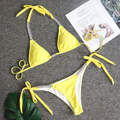 Bikini dos nu sexy à strass de couleur unie pour femmes