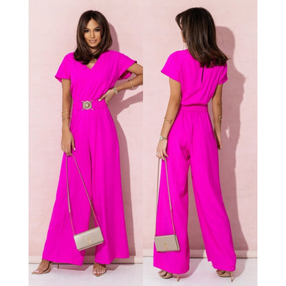 Women Fashion Elegant Solid Color V-Neck Jumpsuits