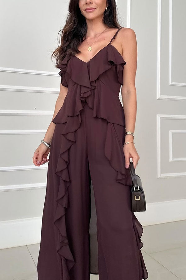 Summer Women Fashion Solid Color Chiffon Ruffled Top and Pants Two-Piece Set