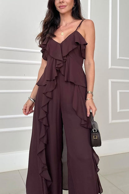 Summer Women Fashion Solid Color Chiffon Ruffled Top and Pants Two-Piece Set