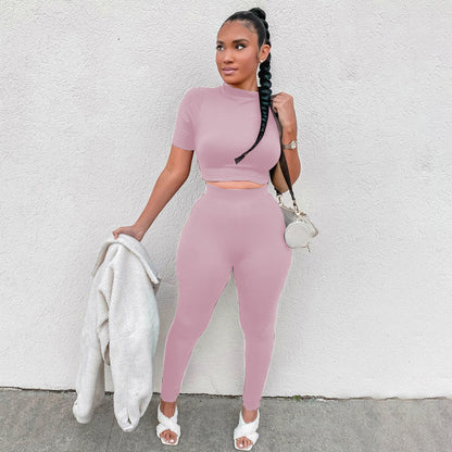 Ensemble deux pièces décontracté pour femme, haut court et pantalon en élasthanne, couleur unie