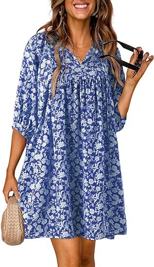 Women Fashion Casual Boho Floral Printed V-Neck Lantern Sleeve Dress