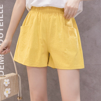 Pantalones cortos casuales de lino y algodón de color liso a la moda para mujer