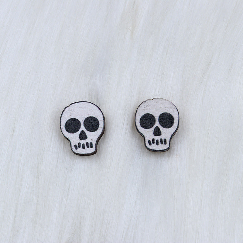 Halloween Women Fashion Wood Print Skull Earrings