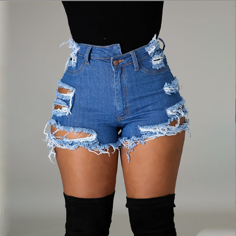 Women Summer Fashion High Waist Ripped Denim Shorts - Cotton & Viscose