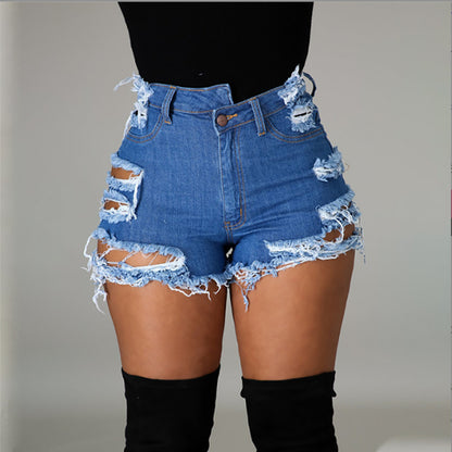 Women Summer Fashion High Waist Ripped Denim Shorts - Cotton & Viscose