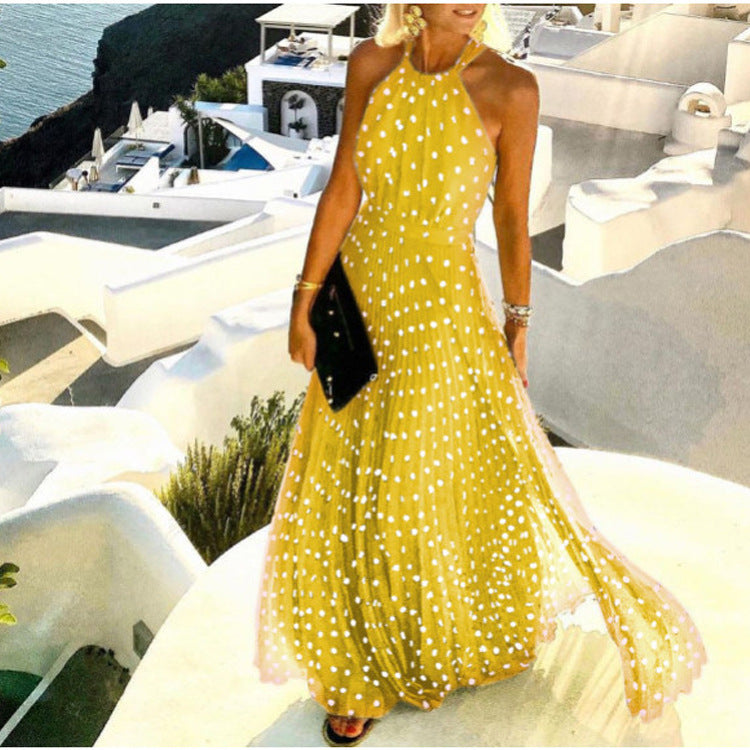 Women Fashion Casual Boho Polka Dot Printing Sleeveless Maxi Dress