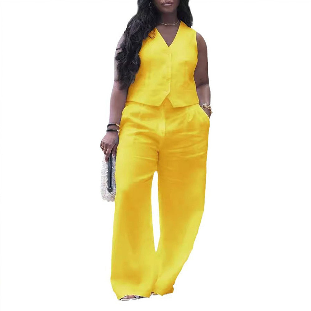 Ensemble débardeur et pantalon décontractés à col en V pour femmes, couleur unie