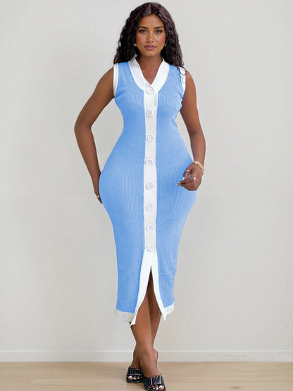 Women Fashion Casual Contrast Color Knitted V-Neck Dress