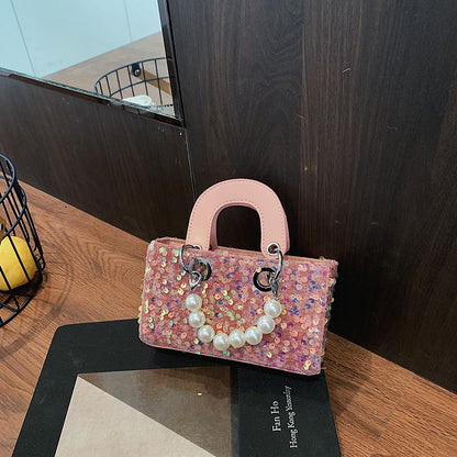 Mini bolso bandolera de verano con lentejuelas brillantes y correa de perlas