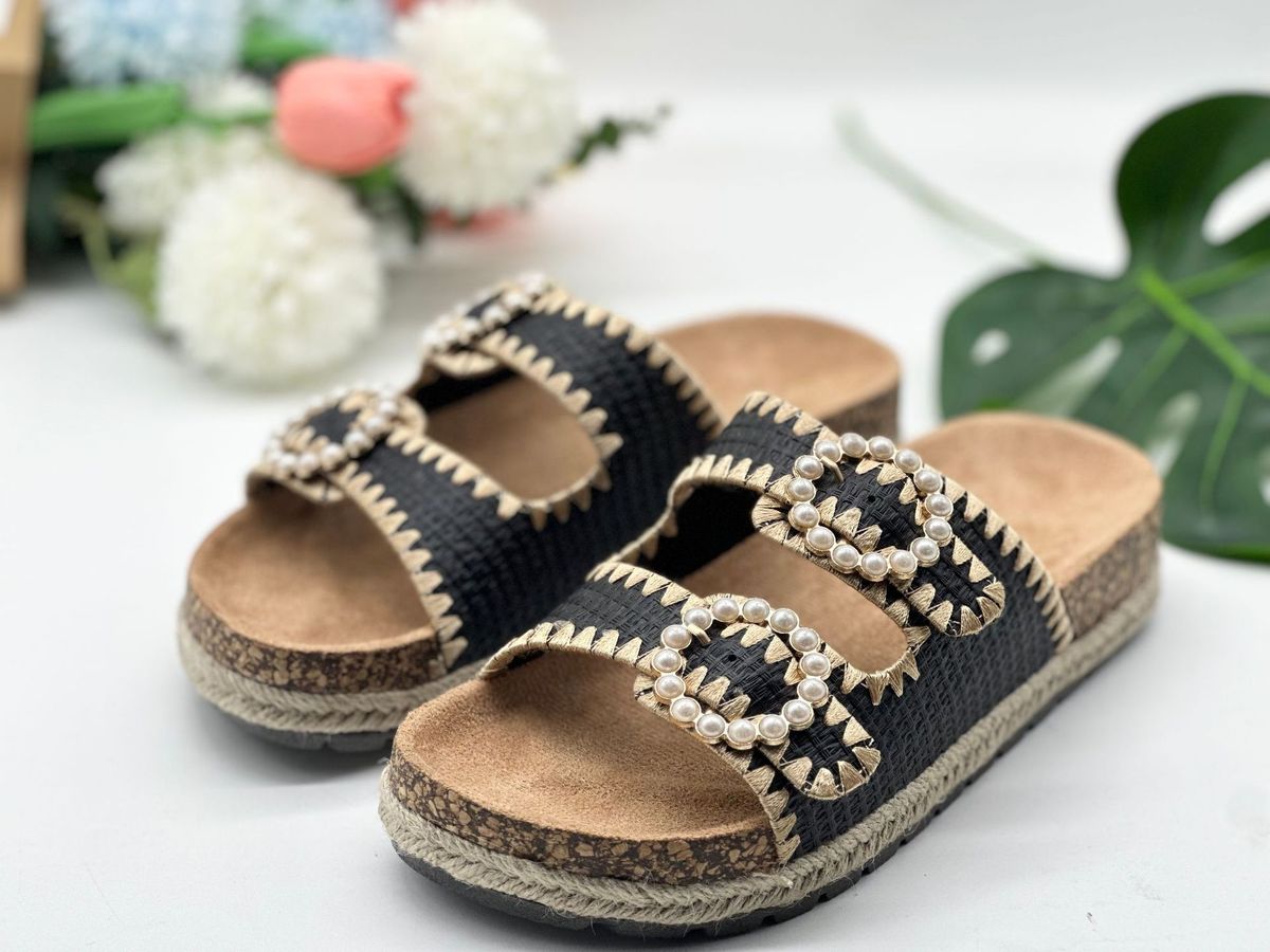 Pantuflas casuales de vacaciones con doble hebilla de perla para mujer