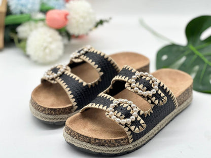 Pantuflas casuales de vacaciones con doble hebilla de perla para mujer