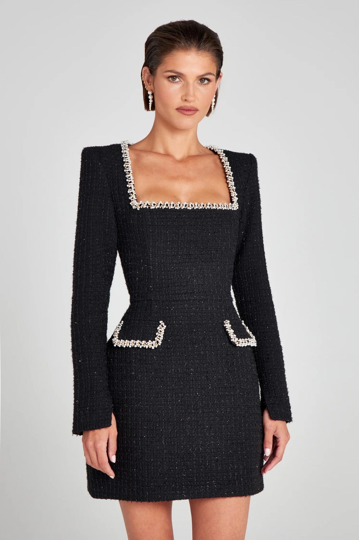 Robe chic à col carré et manches longues et perles pour femme