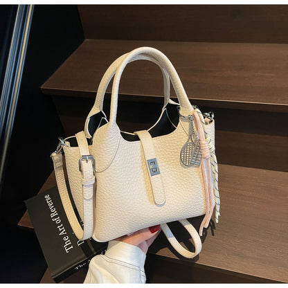 Sac à main seau décontracté de couleur unie pour femme avec motif litchi
