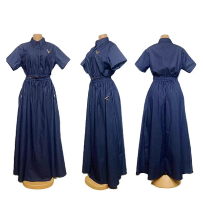 Women Casual Solid Denim Lapel Short Sleeve Two-Piece Set