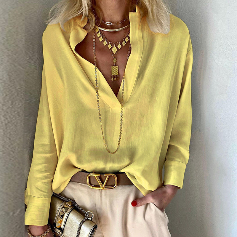 Camisa de manga larga con cuello de color liso a la moda para mujer