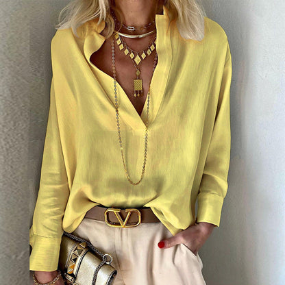 Camisa de manga larga con cuello de color liso a la moda para mujer
