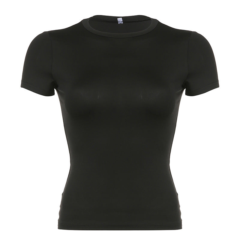Women Fashion Casual Round Neck Short Sleeve Solid Color Blank T-Shirt