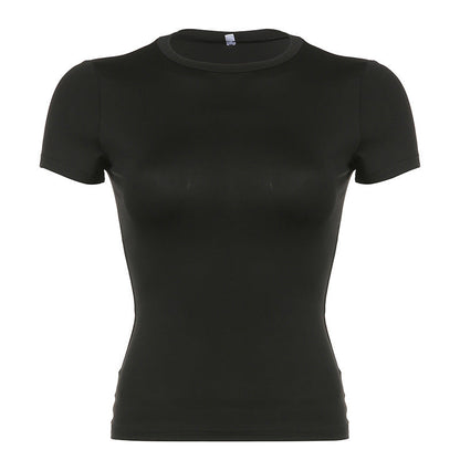 Women Fashion Casual Round Neck Short Sleeve Solid Color Blank T-Shirt