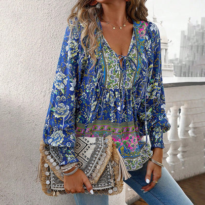Women Fashion Boho Vacation Printed V-Neck Long-Sleeve Lace-Up Blouse